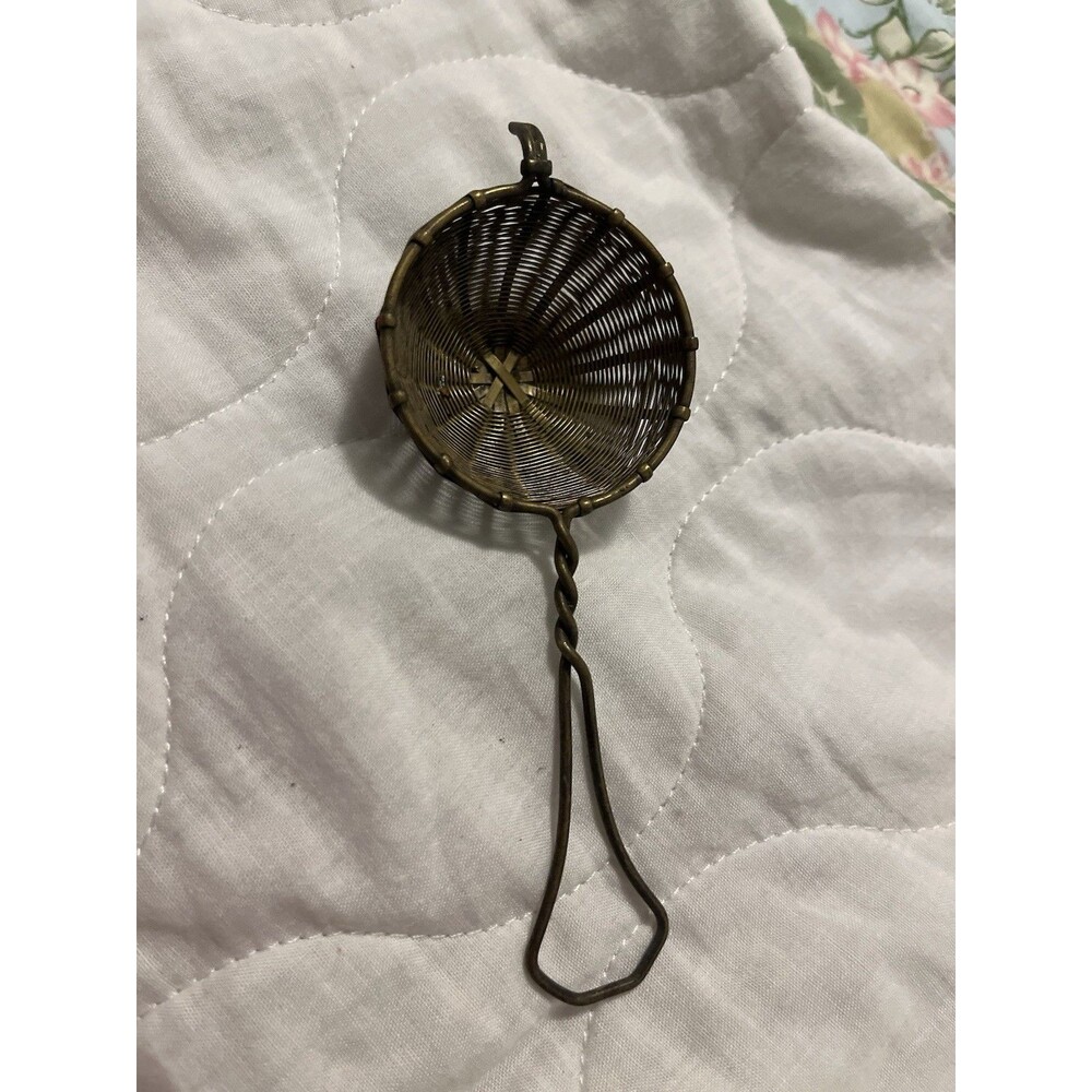 Antique Tea Strainer Spoon 5.25” Long ~Beautiful Metal Mesh Wide Angle Handle
